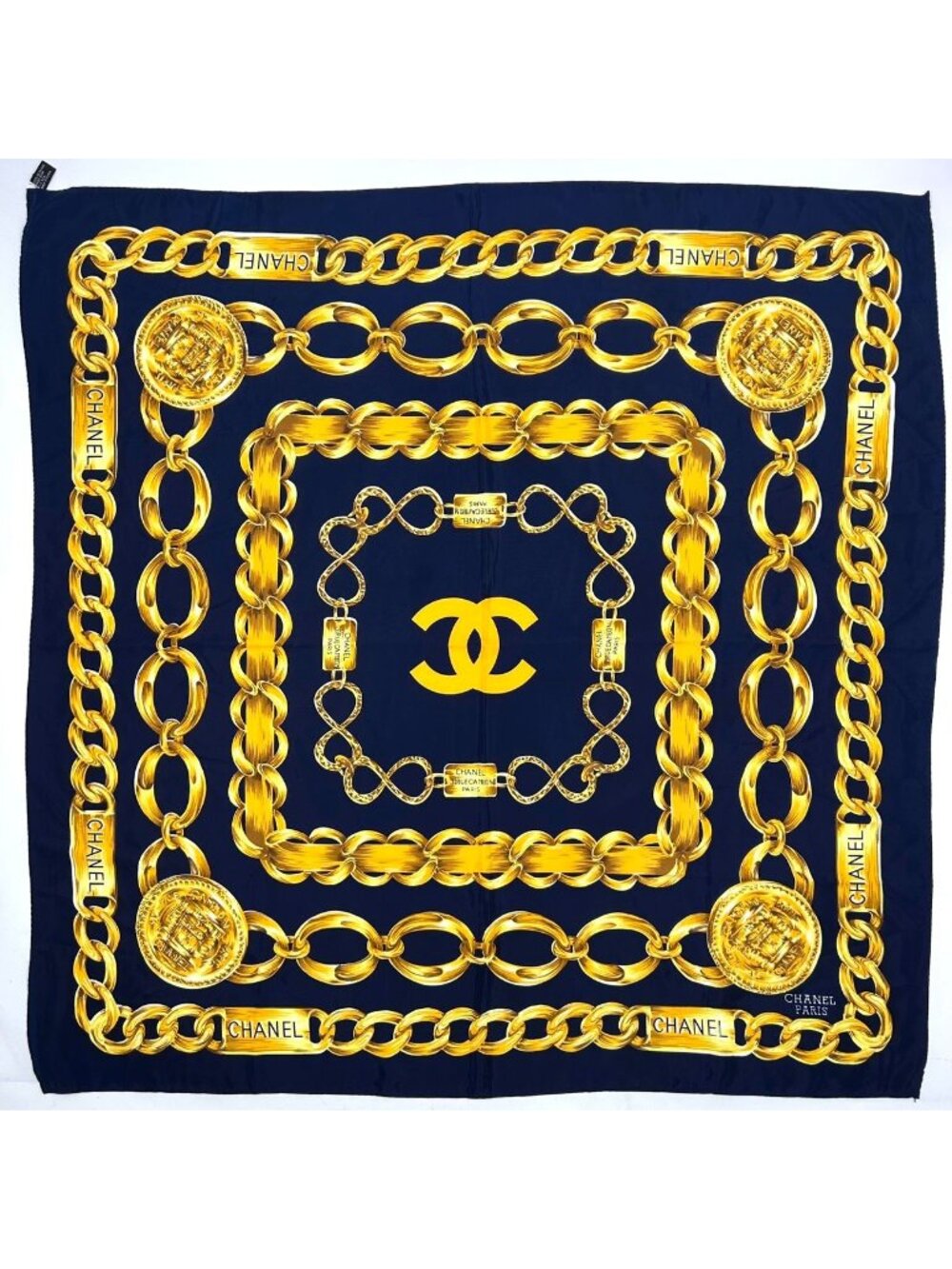 Chanel CC Logo Chain Pattern Silk Yellow Navy Scarf